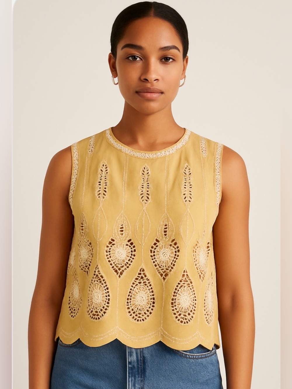 Nanette Lepore Corn/White Eyelet Lace Sleeveless Top